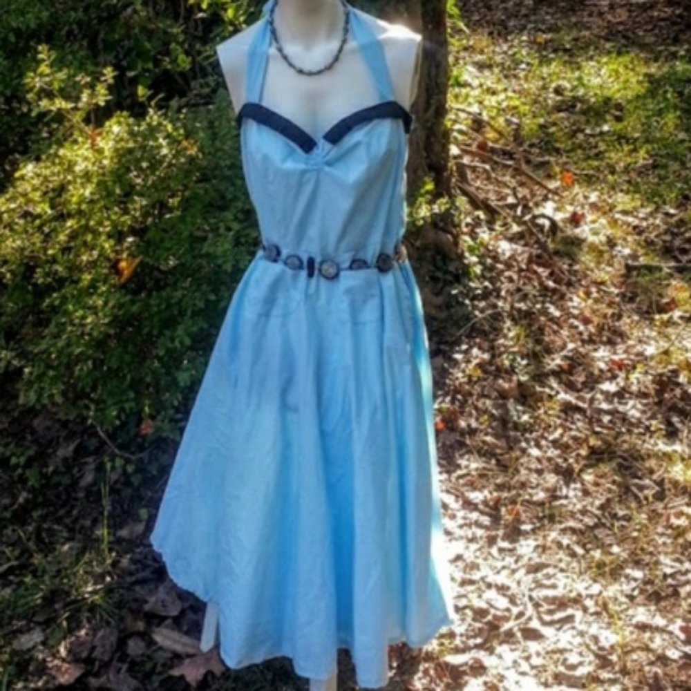 Custom Made Blue rockabilly swing halter dress NWT Full Circle Skirt sz 10